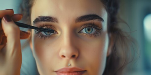 Masterfully Enhancing Her Eye Makeup, A Woman Applies Mascara With Precision