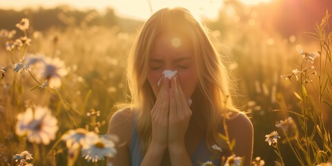 Woman Suffering From Hay Fever Sneezes Amidst Meadow, Signaling The Arrival Of Spring Allergies - obrazy, fototapety, plakaty