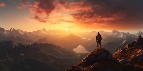 Man standing on the edge of the cliff and looking at the mountains