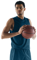 Handsome muscular athletic young man, basketball player in blue uniform standing with ball isolated on transparent background. Champion. Concept of professional sport, competition, tournament