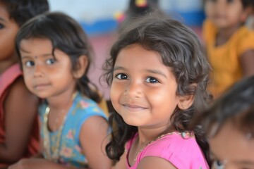 Fototapeta premium Enthusiastic Indian Schoolgirls, Keen To Learn And Thrive