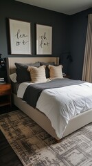 Boy's room Off-white upholstered bed, dark gray wall
