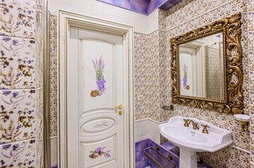 interior apartment room bathroom, sink, decorative elements, toilet. WC, sanitary unit, wash room