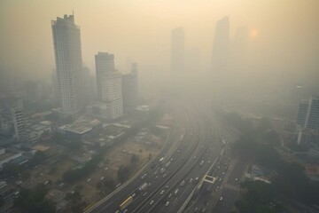 Unhealthy air pollution in urban city with low visibility, dangerous haze and fog in smoggy Bangkok. Generative AI - obrazy, fototapety, plakaty