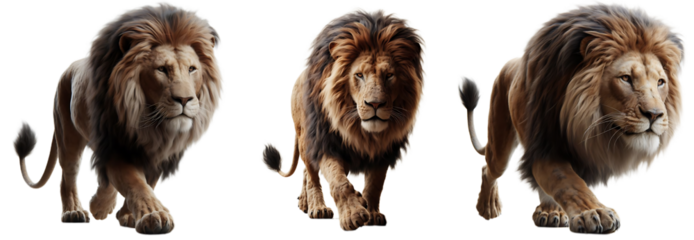 Three lions are walking forward. transparent background