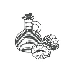 Truffle oil jar. Hand drawn engraving style illustrations. Vector illustration.