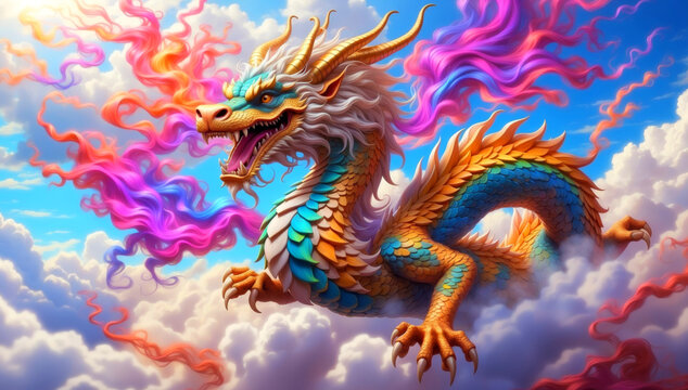 A Chinese dragon in rainbow colors