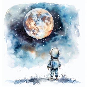 Kind Astronaut Mond Beobachtung Aquarell Weltraum Erkundung Illustration Gro&szlig;er Planet Nacht Sternenhimmel Fantasie Kunst Kinderzimmer Dekoration