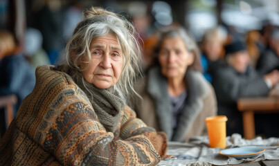 Positive elderly  homeless woman , a homeless cafe. Urban poverty and hunger concept. Street lifestyle and survival. - obrazy, fototapety, plakaty