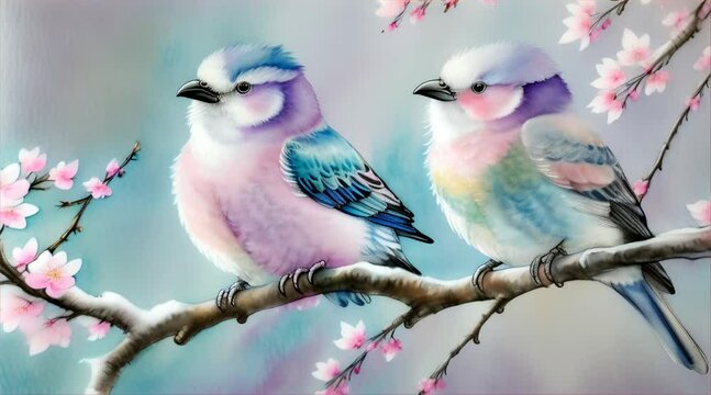 サクラとパステルカラーの小鳥の絵画
