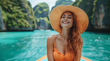 Summer holiday outdoor vacation trip with a happy traveler woman in summer dress joy fun relaxing on a boat, Maya beach, Phi Phi island, Tourism Phuket, Krabi, Thailand, a beautiful destination,