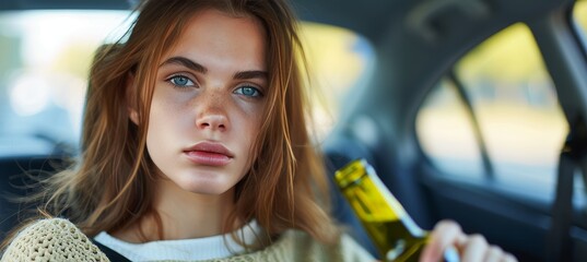 Drunk driving conceptwoman driving under alcohol influence with copy space for text.