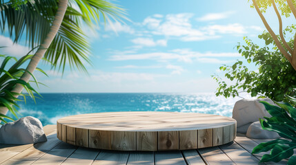 Fototapeta na wymiar Summer product display on wooden podium at sea tropical beach. 