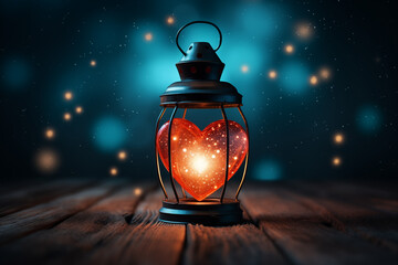 A glowing lantern with a heart-shaped light bulb shining in the night. This enchanting image captures the romantic ambiance of an illuminated heart, perfect for conveying themes of love, warmth