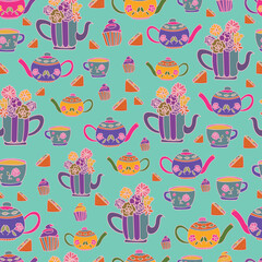 vectoriel éléments Garden Tea Party dessinés à la main motif répété, parfait pour le papier d'emballage, les invitations, le thé, les assiettes en papier
