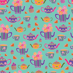 vectoriel éléments Garden Tea Party dessinés à la main motif répété, parfait pour le papier d'emballage, les invitations, le thé, les assiettes en papier