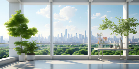 Modern living room with panoramic window and city view. 3d rendering