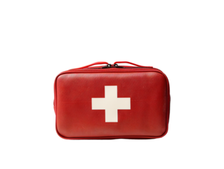 a red first aid kit with a white cross on it