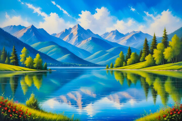 Lake in the mountains, landscape painting 