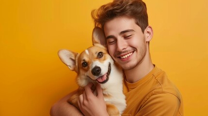 A joyful European man is holding and comforting an adorable corgi dog