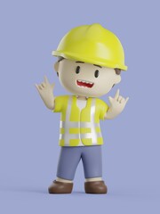 3d builder with funny pose, An engineer with funny pose, Cartoony builder character, Builder with safety hat