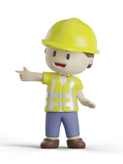 3d builder with pointing pose on transparent background, An engineer with pointing pose, Cartoony builder character, Builder with safety hat, PNG, Isolated