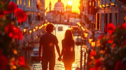 Foto op Plexiglas Vacationing tourists in Venice, Italy - Two lovers have fun on a city street at sunset - Tourism and love concept © Zaleman