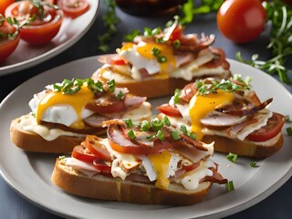 breakfast toasts with egg and bacon.