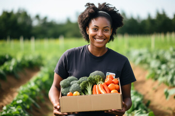 a black woman is holding a box of veggies on the farm - obrazy, fototapety, plakaty