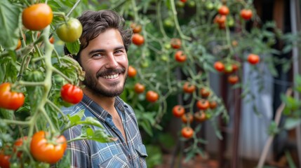 A handsome gardener stands smiling and looking at the camera near a bush with tomatoes