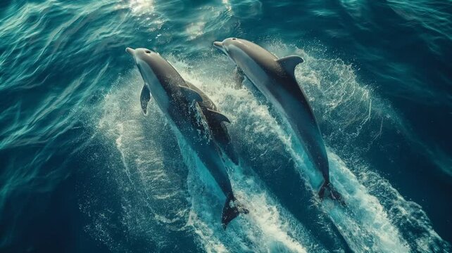 With graceful swimming movements and agile body folding, dolphins present a captivating marine spectacle in the beautiful ocean.