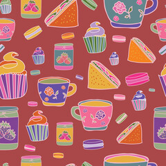 vectoriel éléments Garden Tea Party dessinés à la main motif répété, parfait pour le papier d'emballage, les invitations, le thé, les assiettes en papier