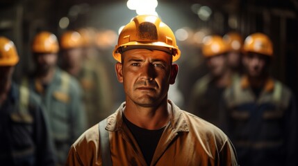 a man is standing in front of group of workers in a tunnel