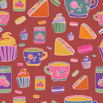 Motif r&eacute;p&eacute;t&eacute; &eacute;l&eacute;ments tea party color&eacute;s illustration vectorielle