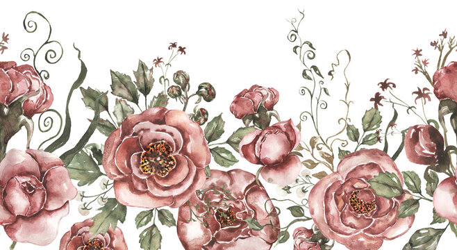 Watercolor red peony flowers, leaves and golden seamless border illustration
