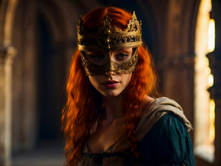 Fototapeta na wymiar Medieval redhead woman in a mask, inside a castle