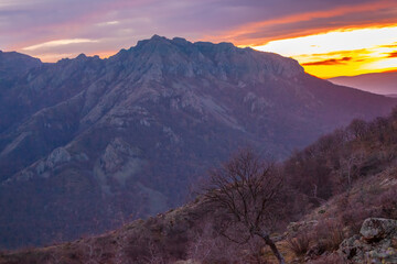 Beautiful natural landscape on sunset with mountains