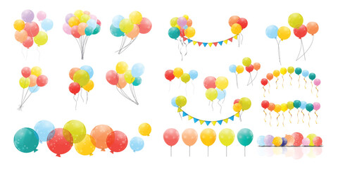 3d realistic balloons. Colorful three dimensional shiny helium balloons with ribbons for party, birthday, anniversary, wedding