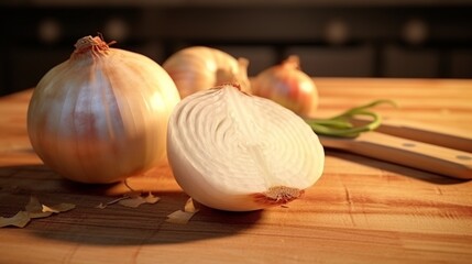One of several onions cut in half on a cutting board.