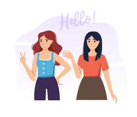 Happy smiling girls greeting wave hand flat illustration woman cartoon character style