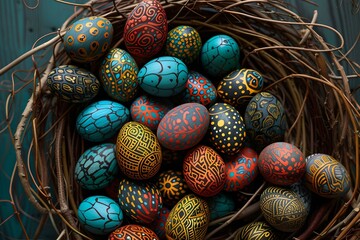 Colorfully painted easter eggs in a rustic style nest. traditional holiday decoration. festive spring season. beautiful, detailed patterns. AI