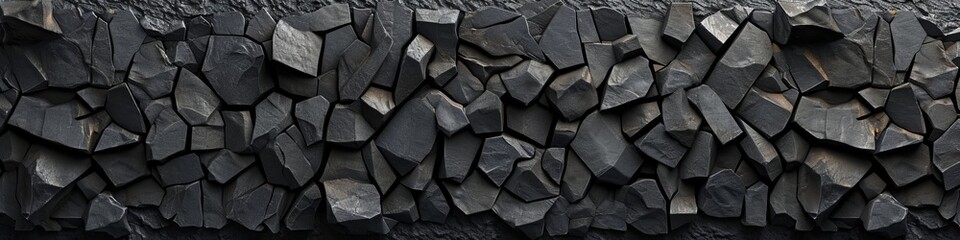 A 3D wall with a lava stone texture, formed from black polygons. - obrazy, fototapety, plakaty