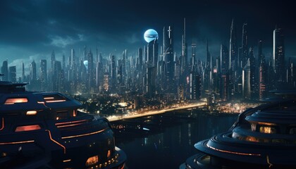 A Futuristic City at Night With a Moon in the Sky