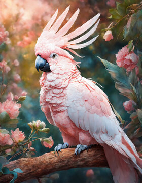 A close-up of a stunning pink cockatoo