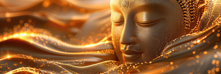 close-up of the head of a buddha figurine, gold with shimmer, religion of Buddhism, smooth waves with bokeh, empty background for text, banner