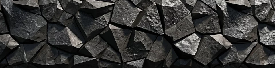 Fotobehang A 3D wall with a lava stone texture, formed from black polygons. © Bilas AI
