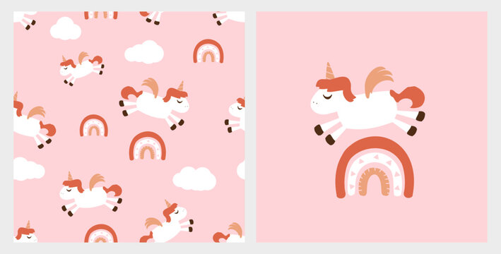 Seamless pattern with cute unicorn cartoon, cloud and rainbow on pink background vector illustration.