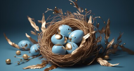 a wooden nest with colored eggs on a blue background