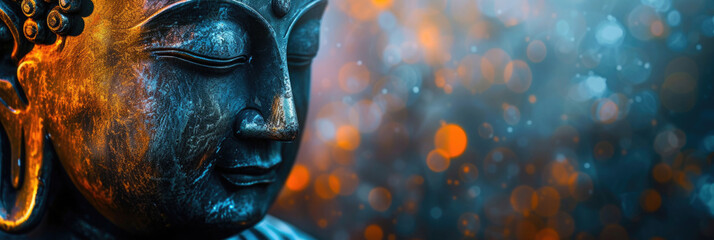 close-up of the head of a buddha figurine, old bronze with shimmer, blurred background with bokeh, empty space for text, yoga relaxation banner - obrazy, fototapety, plakaty