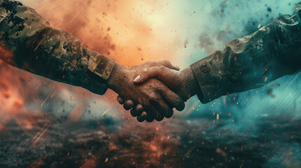 close-up, military men shake hands dirty in the ground, handshake, abstract military background - obrazy, fototapety, plakaty